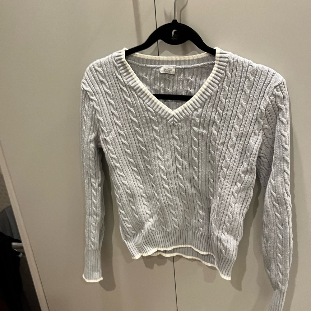 Brandy Melville cable knit baby blue sweater with white lining v neck